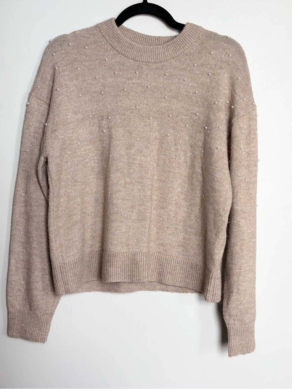 H&M Women's Beige Warm Pullover Crewneck Sweater with Pearl Embellishments - XS